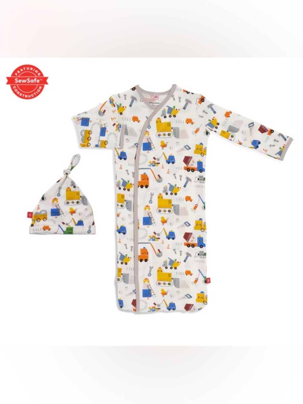 Magnetic Me White Construction Print Magnetic Closure Baby Sleep Gown with Hat